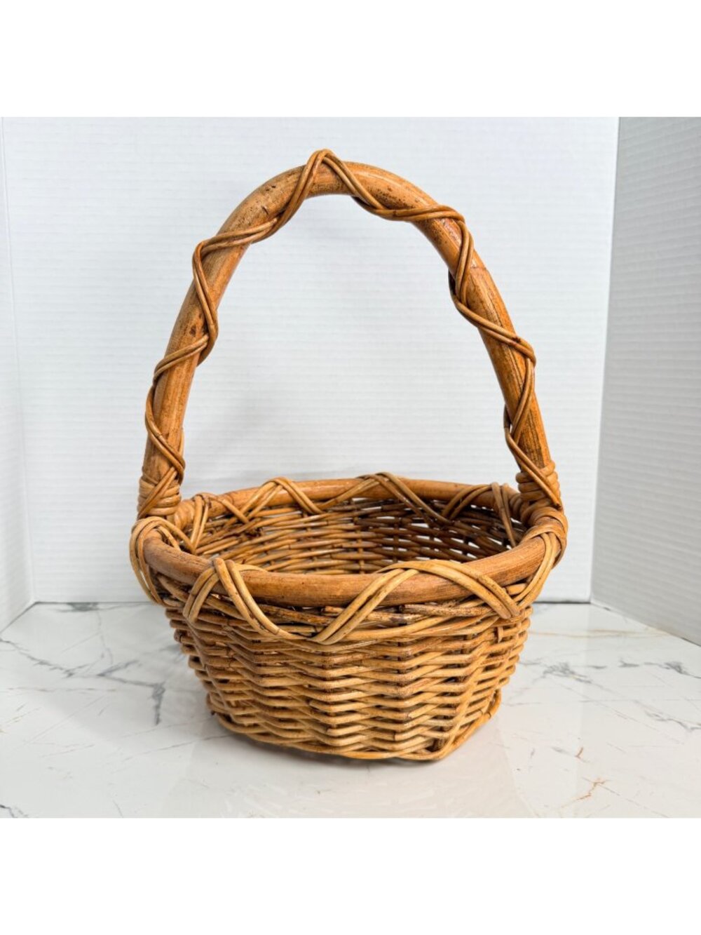 Vintage Woven Wicker Basket with Twisted Handle - Boho Rustic Decor